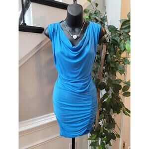 Krisa Ruched Bodycon Dress Womens XS Blue Cowl Neck Sleeveless Stretch Party